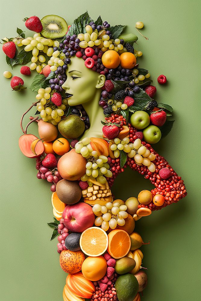 Woman with a body of fruit and vegetables. (AI Generated)